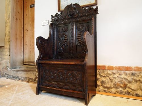 Pew Settle Bench Victorian Carved Oak C1880