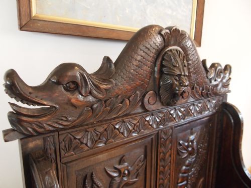 fig 1. Pew settle bench Victorian carved Oak c1880
