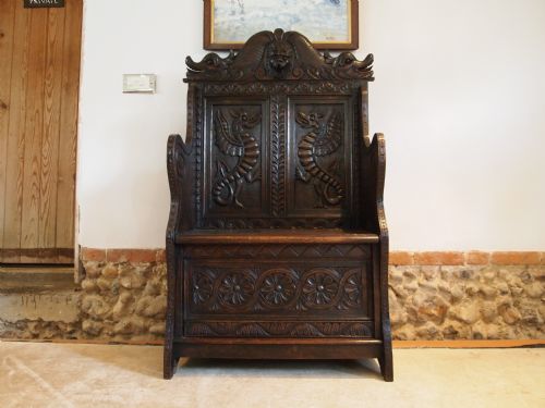 fig 2. Pew settle bench Victorian carved Oak c1880