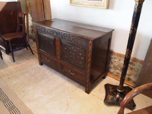 fig 1. Chest Mule Chest George II carved Oak slim size c1740