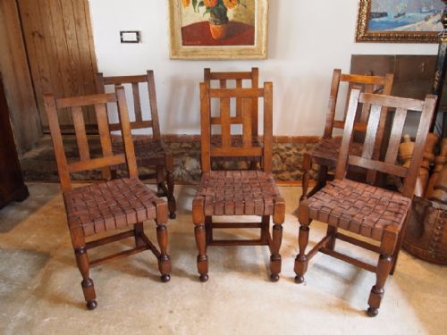 Chairs Arts and Crafts Oak and Leather Dining Chairs C1910