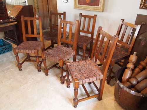 fig 1. Chairs Arts and Crafts Oak and leather dining chairs c1910