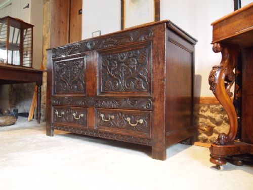 Chest Mule Coffer Blanket Box Carved Oak C1720