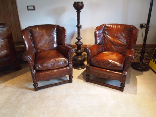 Chairs Pair of Fine Leather Edwardian Club Armchairs C1910