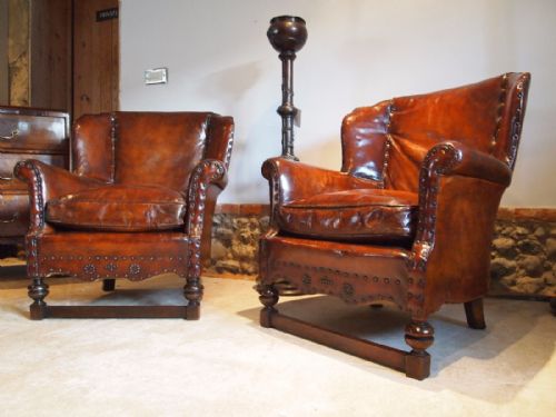 fig 1. Chairs pair of fine leather Edwardian club armchairs c1910