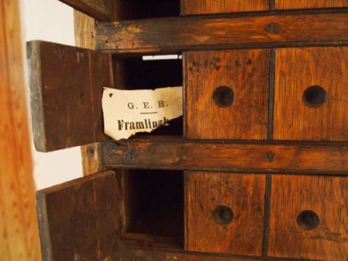 fig 2. Chest of drawers railway GER luggage tickets Broxbourne Oak c1890