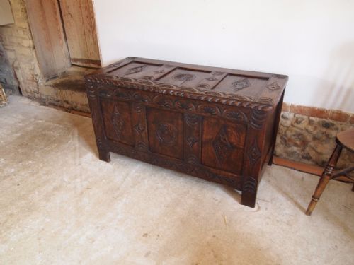 fig 1. Coffer chest blanket box Victorian carved Oak c1840