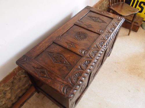 fig 2. Coffer chest blanket box Victorian carved Oak c1840