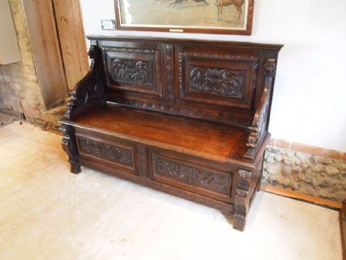 fig 1. Settle bench pew fine quality Victorian Carved Oak c1880