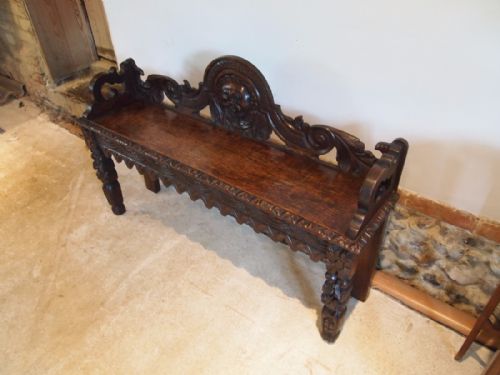 Settle Bench Pew Window or Hall Seat Victorian Carved Oak C1880