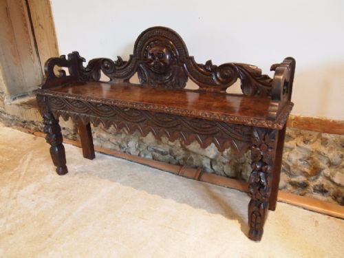 fig 1. Settle bench pew window or hall seat Victorian Carved Oak c1880