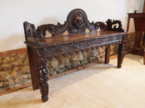 fig 2. Settle bench pew window or hall seat Victorian Carved Oak c1880