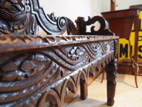 fig 3. Settle bench pew window or hall seat Victorian Carved Oak c1880