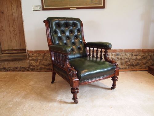 Chair Stunning Victorian Walnut and Leather Library Armchair C1870
