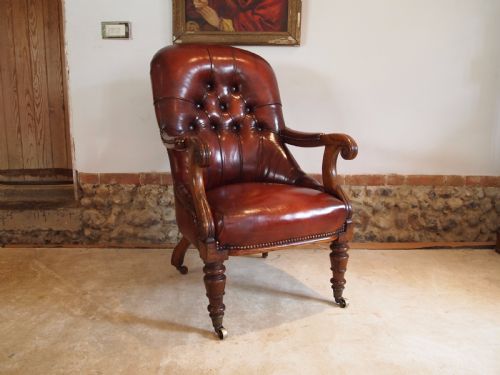 Chair Fine Quality William IV Oak and Chestnut Leather Library Armchair C1835