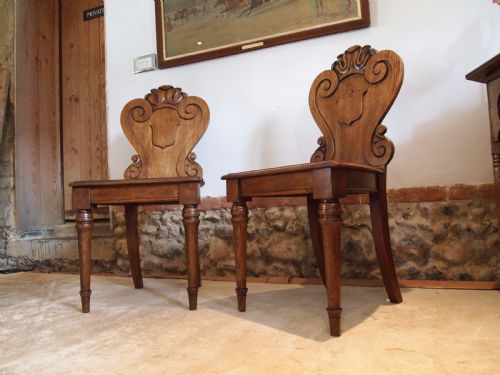 Chairs Pair of William IV Carved Oak Hall Chairs C1835