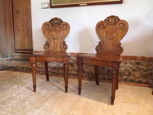 fig 1. Chairs pair of William IV carved Oak hall chairs c1835