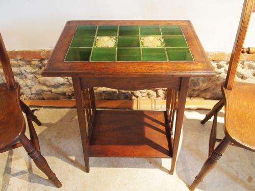 fig 1. Table Arts and Crafts Oak hall lamp side Liberty Minton c1890