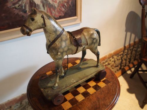 fig 1. Horse Folk art pull along child's German carved wood c1910