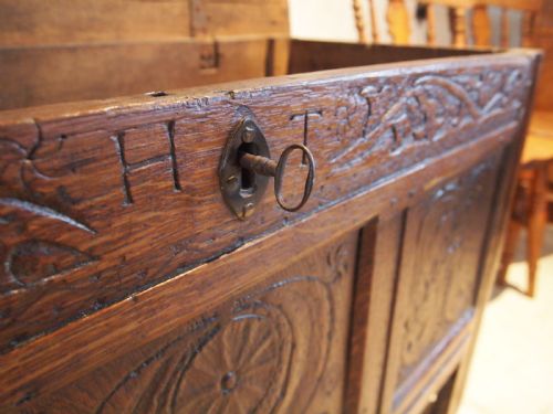 fig 1. Coffer chest blanket box Queen Anne Oak c1700