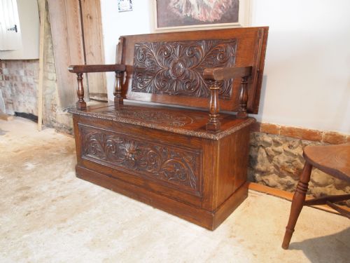 Bench Settle Monks Bench Victorian Carved Oak C1890