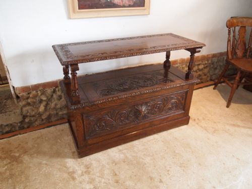fig 2. Bench settle Monks bench Victorian carved Oak c1890