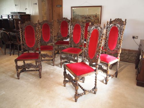 Chairs Fine Set of 8 Carved Charles II Style Dining Chairs C1920