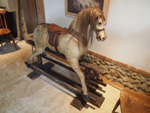 fig 1. Rocking horse rare large Victorian Pony skin Beech and Hessian c1880