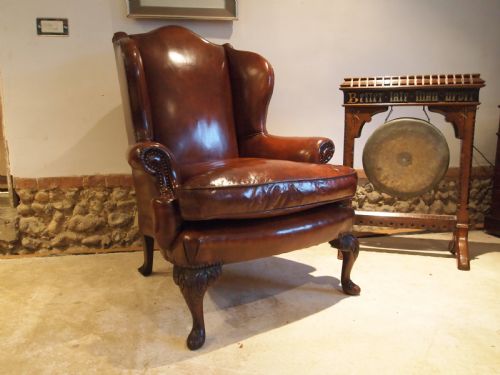 Chair Stunning Chestnut Leather Victorian Oak Wing Armchair C1880