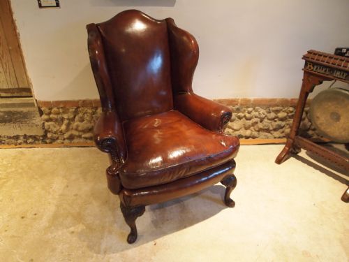 fig 2. Chair stunning Chestnut leather Victorian Oak wing armchair c1880
