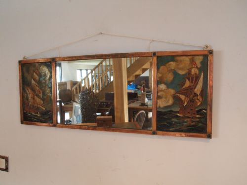 Mirror Arts and Crafts Liberty Style Copper and Oil Galleons C1910