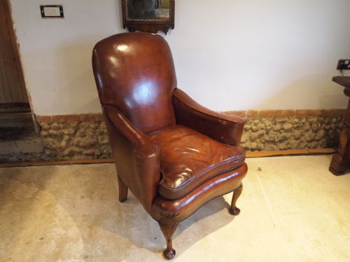 Chair Edwardian Queen Anne Chestnut Leather Walnut Armchair C1900
