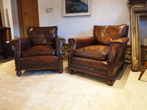 Chairs Outstanding Pair of Edwardian Chestnut Leather Club Armchairs C1900