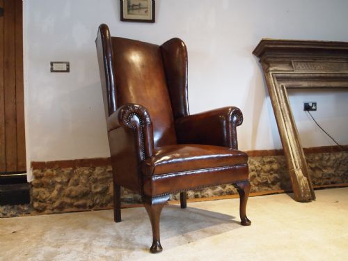 fig 2. Chair very rare tall Queen Anne style Chestnut leather armchair c1840
