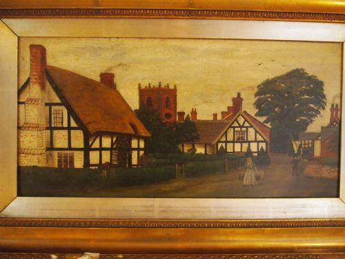 fig 2. Oil painting naive Victorian Church Minshull by G E Egerton c1890