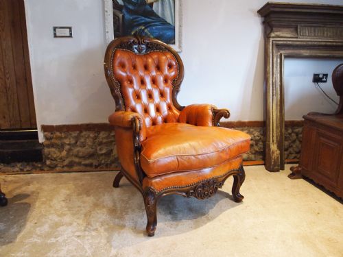 Chair Stunning Tan Leather Armchair Carved Beech C1930