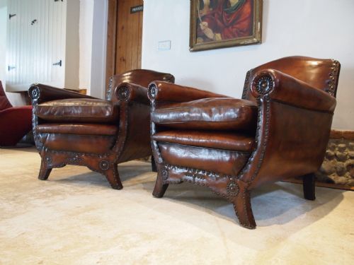 CHAIRS STUNNING PAIR OF FRENCH LEATHER CLUB ARMCHAIRS C1900 - ADDITIONAL PHOTO 10