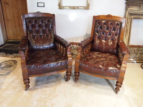 CHAIRS FINE PAIR OF VICTORIAN OAK CHESTNUT LEATHER LIBRARY EASY CHAIRS C1880 - ADDITIONAL PHOTO 10
