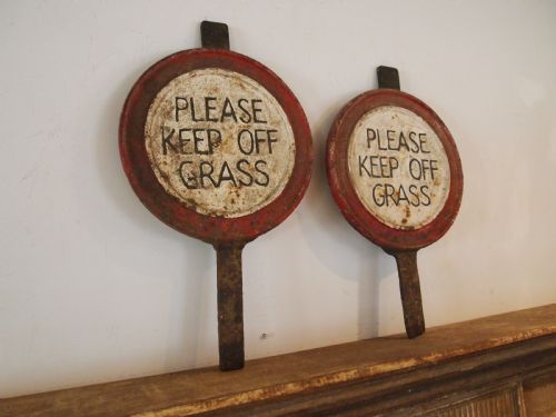signs pair heavy victorian cast iron keep off the grass c1880 - CATEGORY: ANTIQUE MISCELLANEOUS - DATED 1880