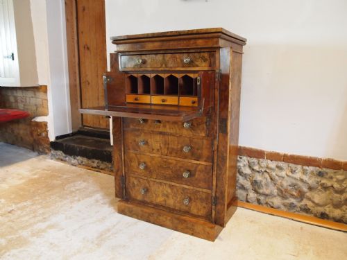 CHEST OF DRAWERS RARE WELLINGTON SECRETAIRE AND CUPBOARD BURR WALNUT C1860 - ADDITIONAL PHOTO 2