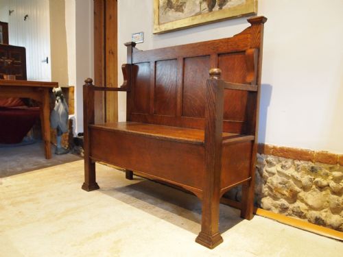 BENCH SETTLE RARE ARTS AND CRAFTS OAK HALL BOX C1900 - ADDITIONAL PHOTO 10
