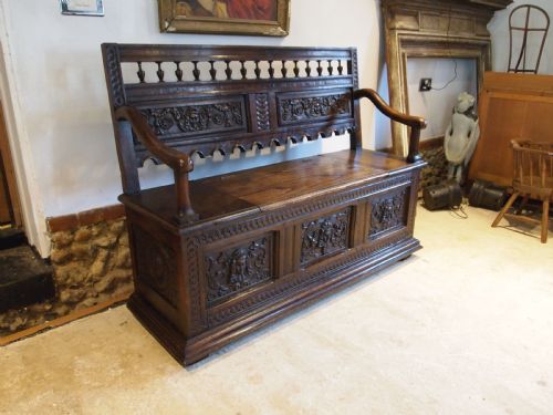 BENCH SETTLE PEW VICTORIAN CARVED OAK BOX SEAT C1890 - ADDITIONAL PHOTO 1