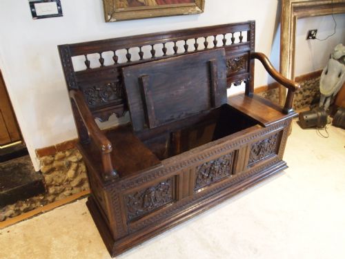 BENCH SETTLE PEW VICTORIAN CARVED OAK BOX SEAT C1890 - ADDITIONAL PHOTO 10