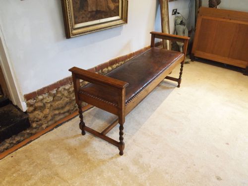 bench hall window seat arts crafts oak and leather c1900 - CATEGORY: ANTIQUE CHAIRS - DATED 1900