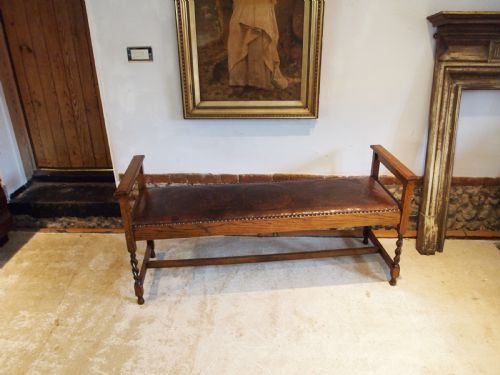 BENCH HALL WINDOW SEAT ARTS CRAFTS OAK AND LEATHER C1900 - ADDITIONAL PHOTO 7