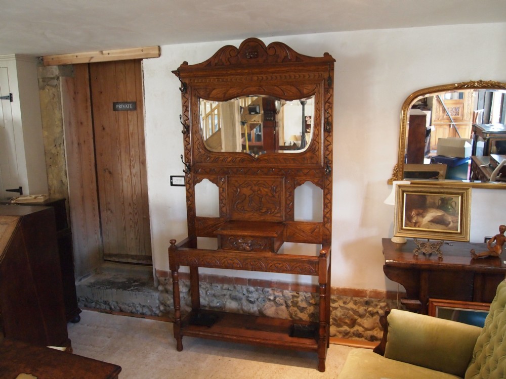 Hall stand coat stand Victorian carved Oak c1880