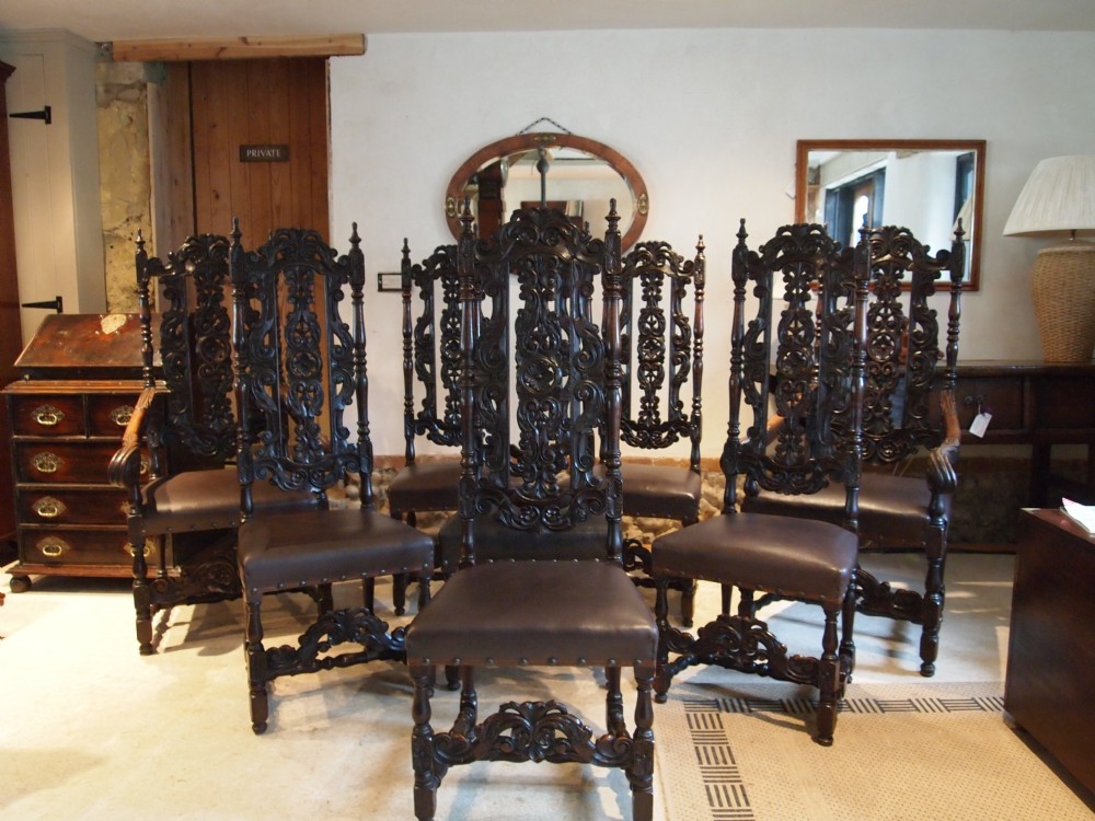 Chairs set of eight fine quality Victorian carved Oak dining chairs c1890