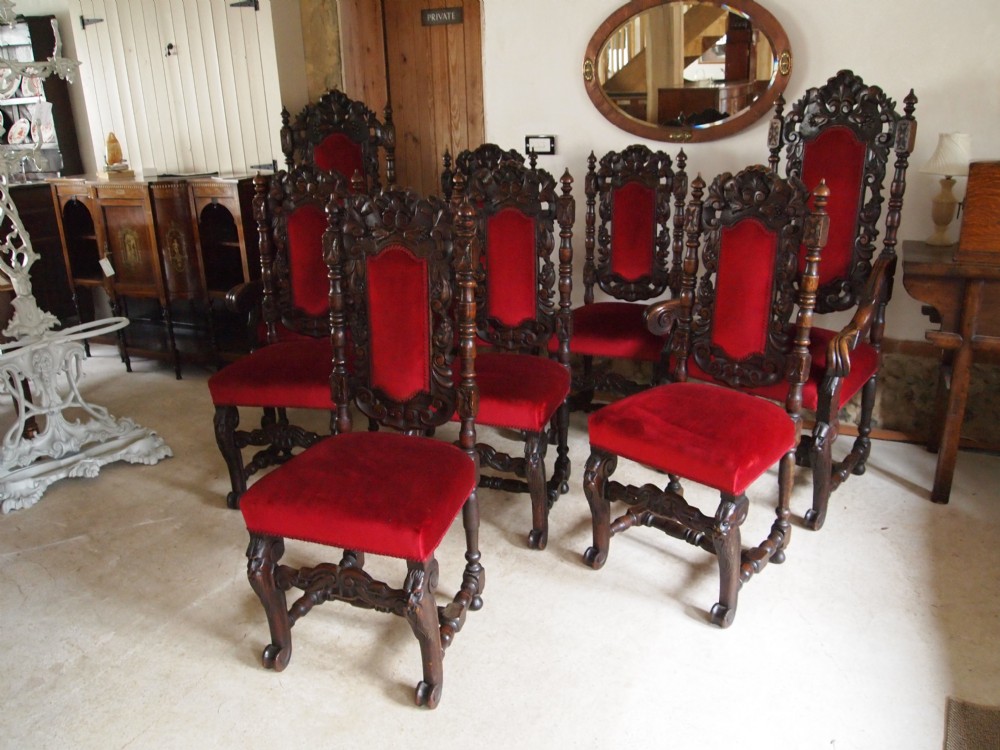 Chairs set of eight Victorian Carved Oak dining chairs two carvers c1890
