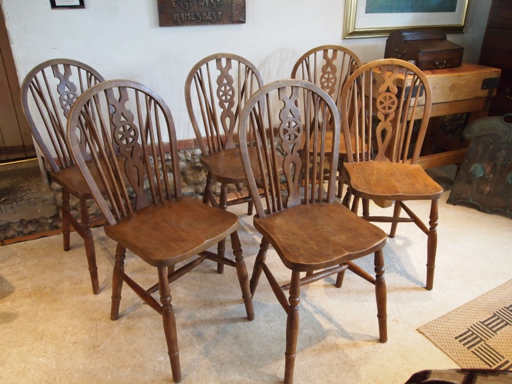 Chairs set of six Victorian Wheel back Windsor Ash and Elm kitchen dining c1890