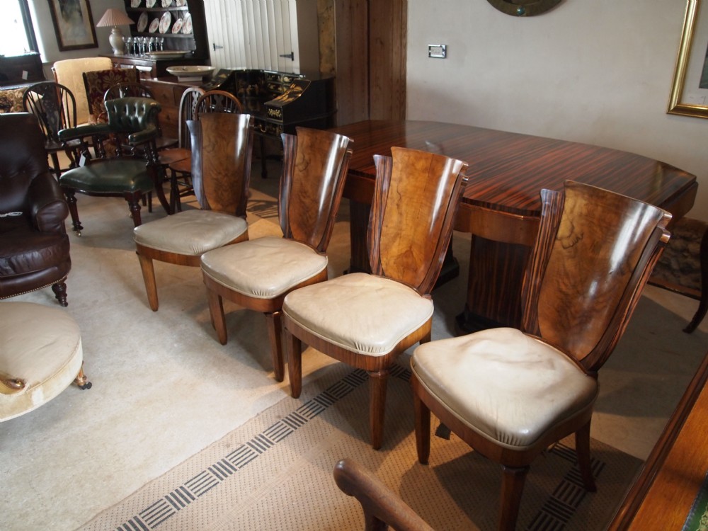 Chairs Art Deco figured Walnut and Coromandel leather dining chairs c1925